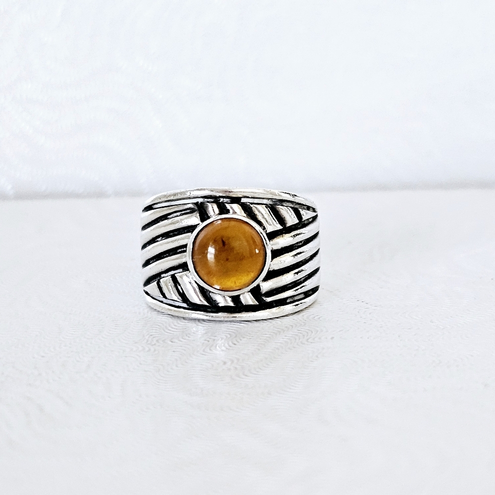 Silpada Sterling Silver Amber Cabochon Ribbed Herringbone Ring R1449 Size 7